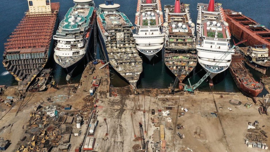 Photos shows luxury cruise ships being broken up at a dock in Turkey as the coronavirus pandemic continues to wreck the industry